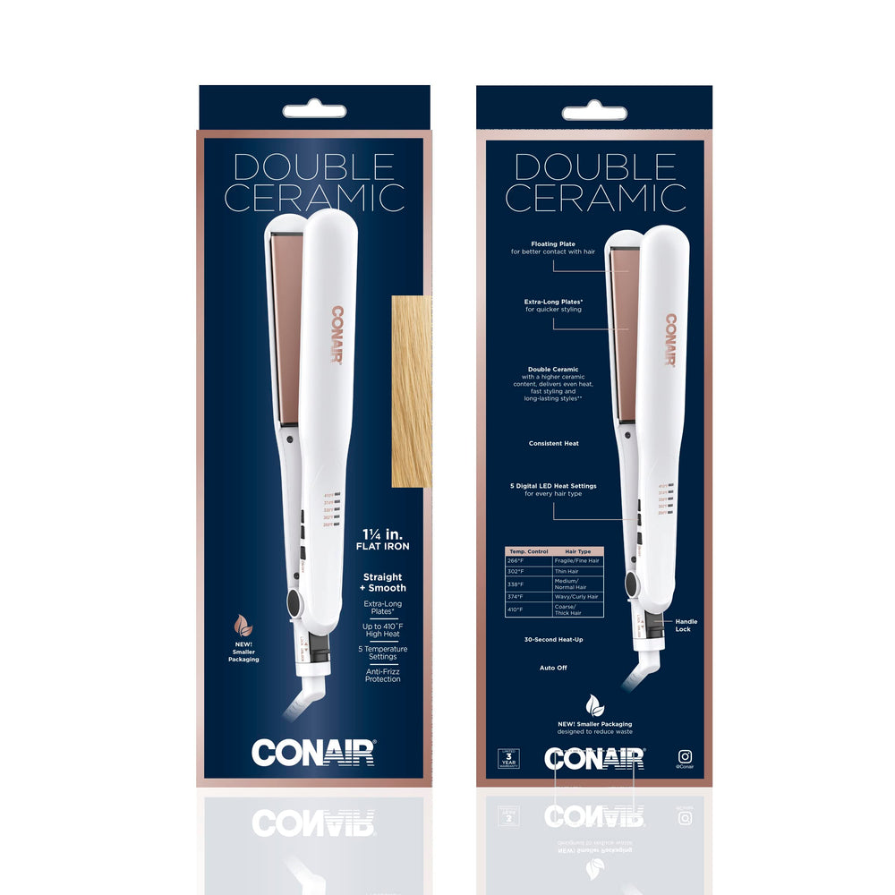 Conair packaging box shows ready-to-use packaging for this ceramic flat iron.