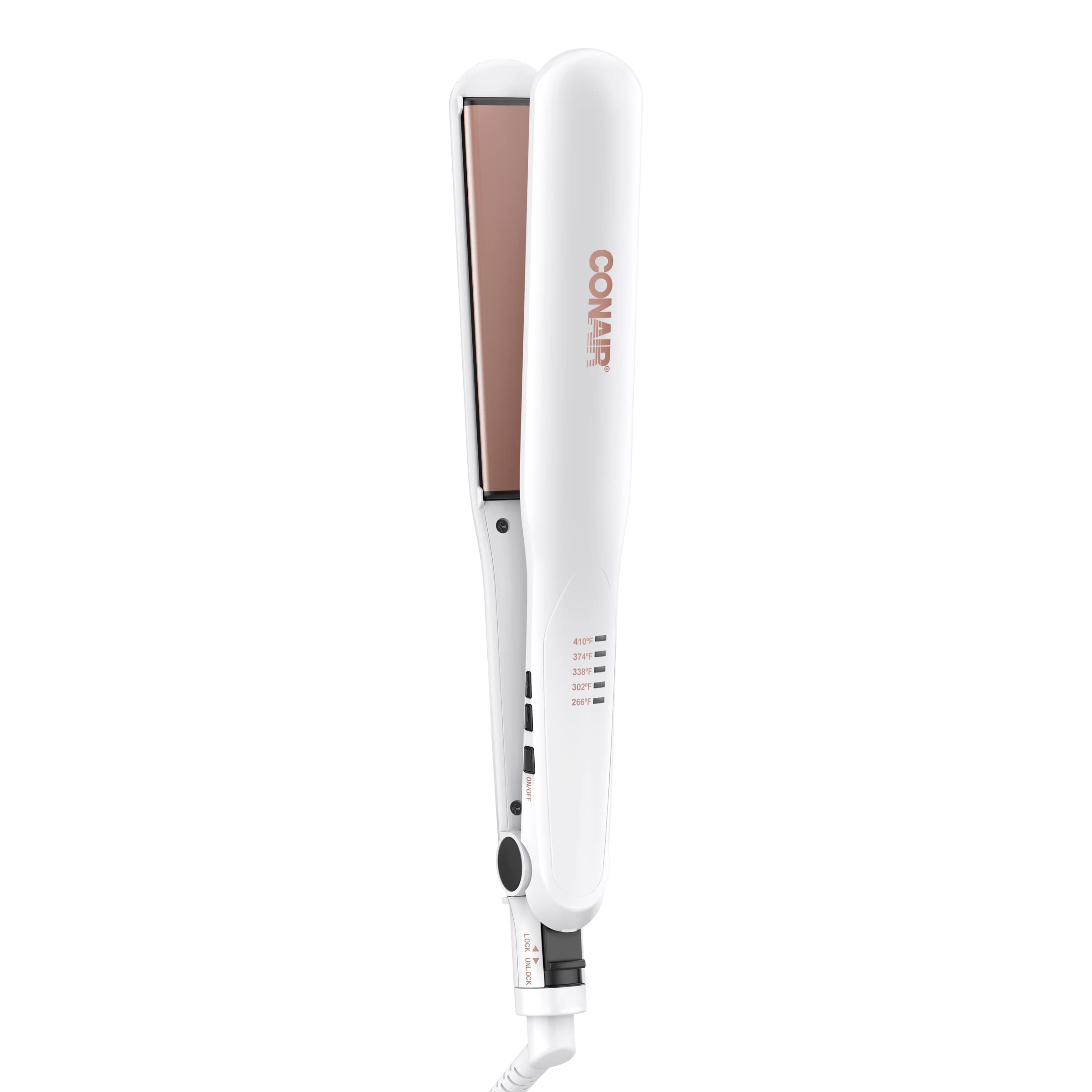 Conair Double Ceramic Flat Iron plates closeup shows even heat for frizz control.