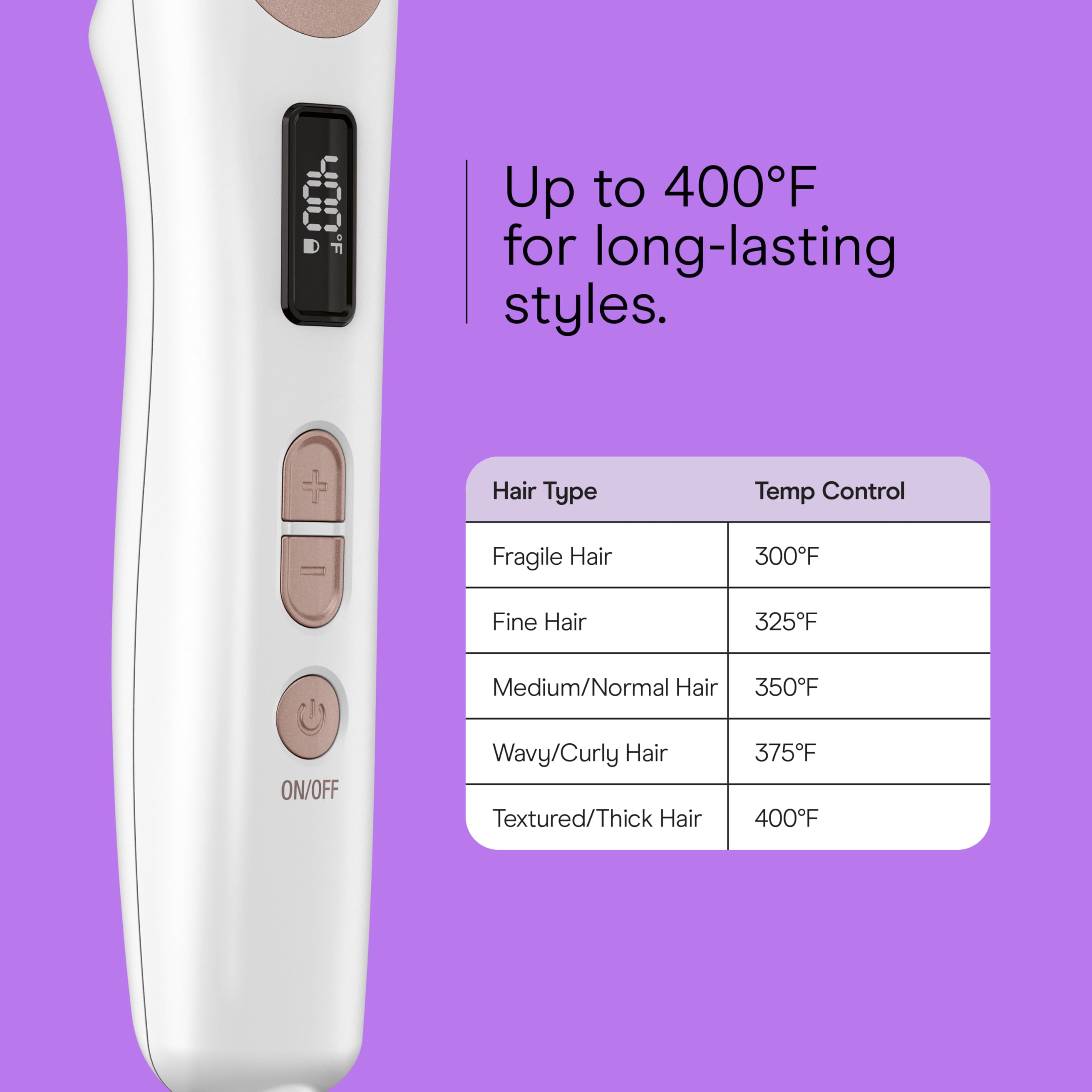 Conair double ceramic straightening brush shows five LED heat settings up to 390F
