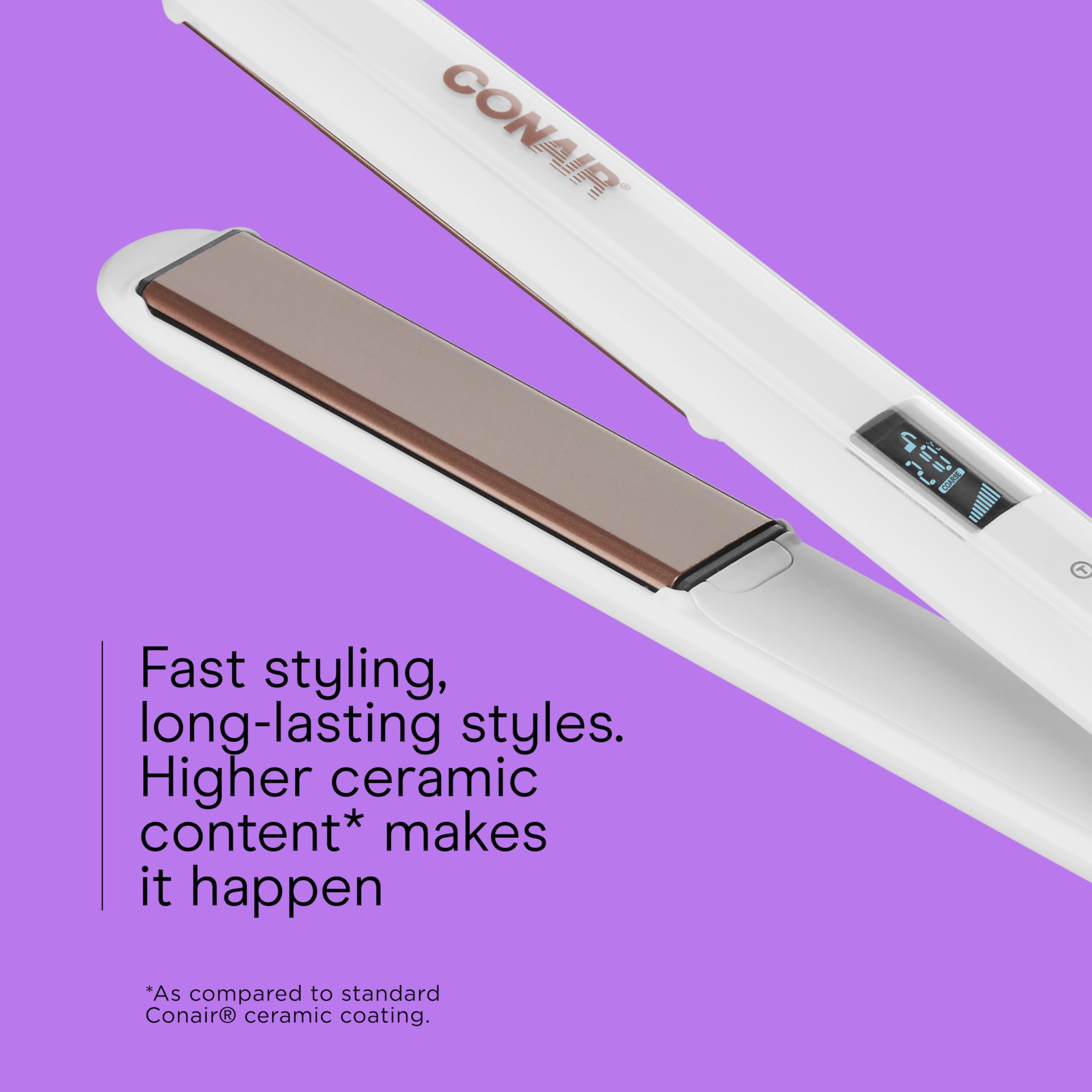 Conair flat iron delivering glossy straight hair with ceramic heat technology.