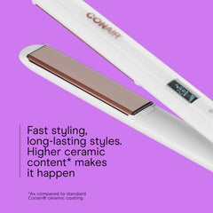 Conair flat iron delivering glossy straight hair with ceramic heat technology.