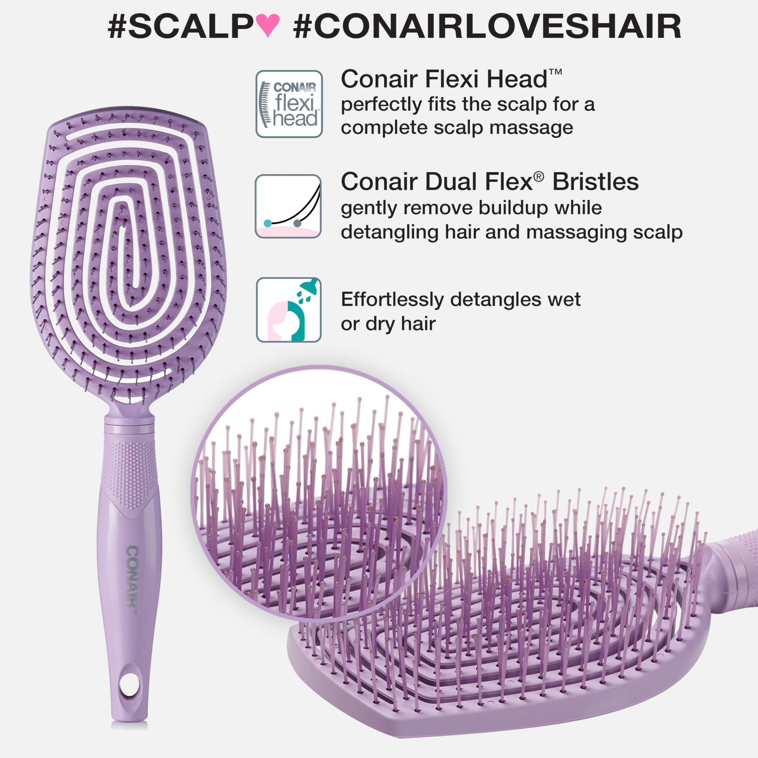 Conair Flexi Head scalp-massage close-up demonstrates contour-following soothing strokes.