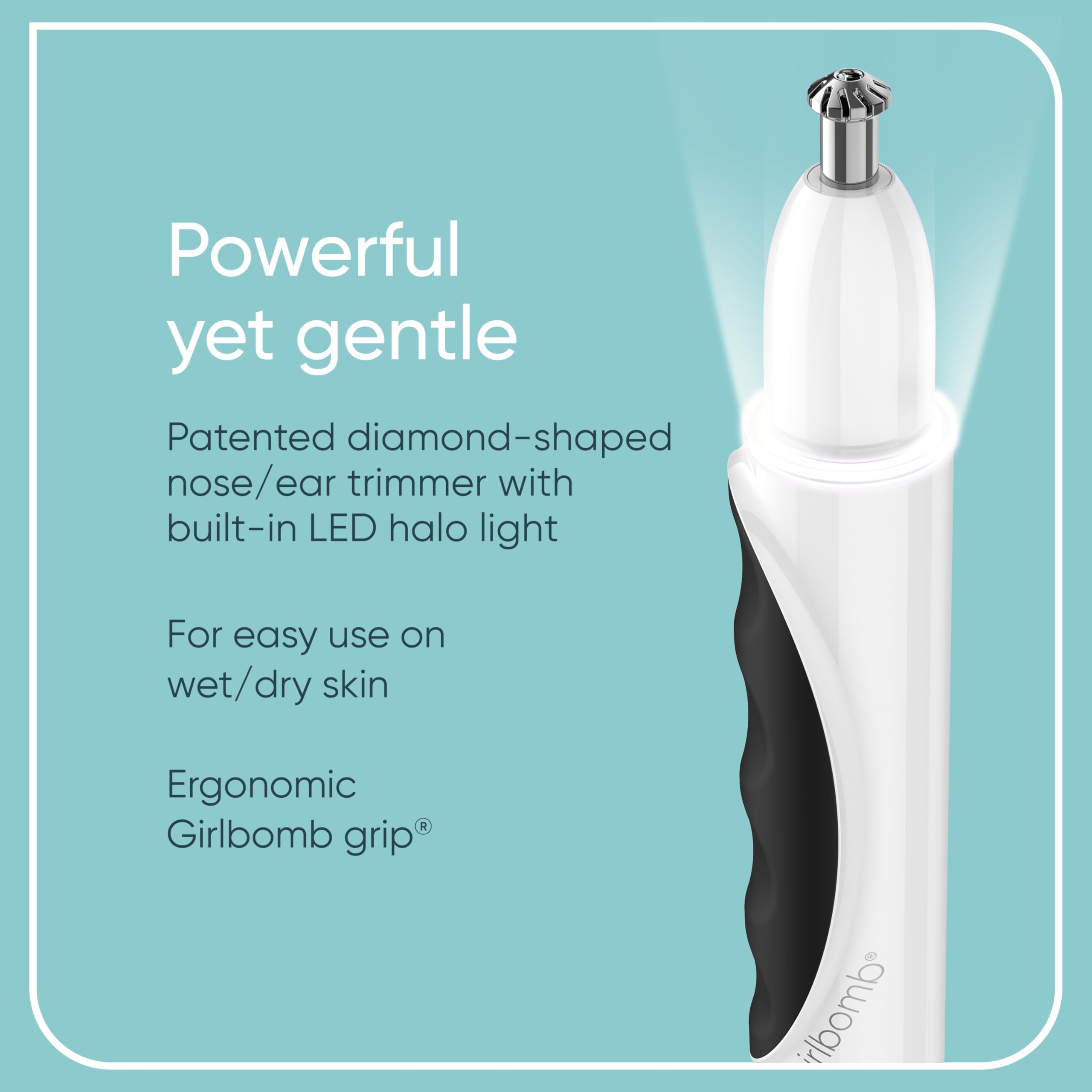 Conair GIRLBOMB ergonomic grip held in palm for comfortable grooming.