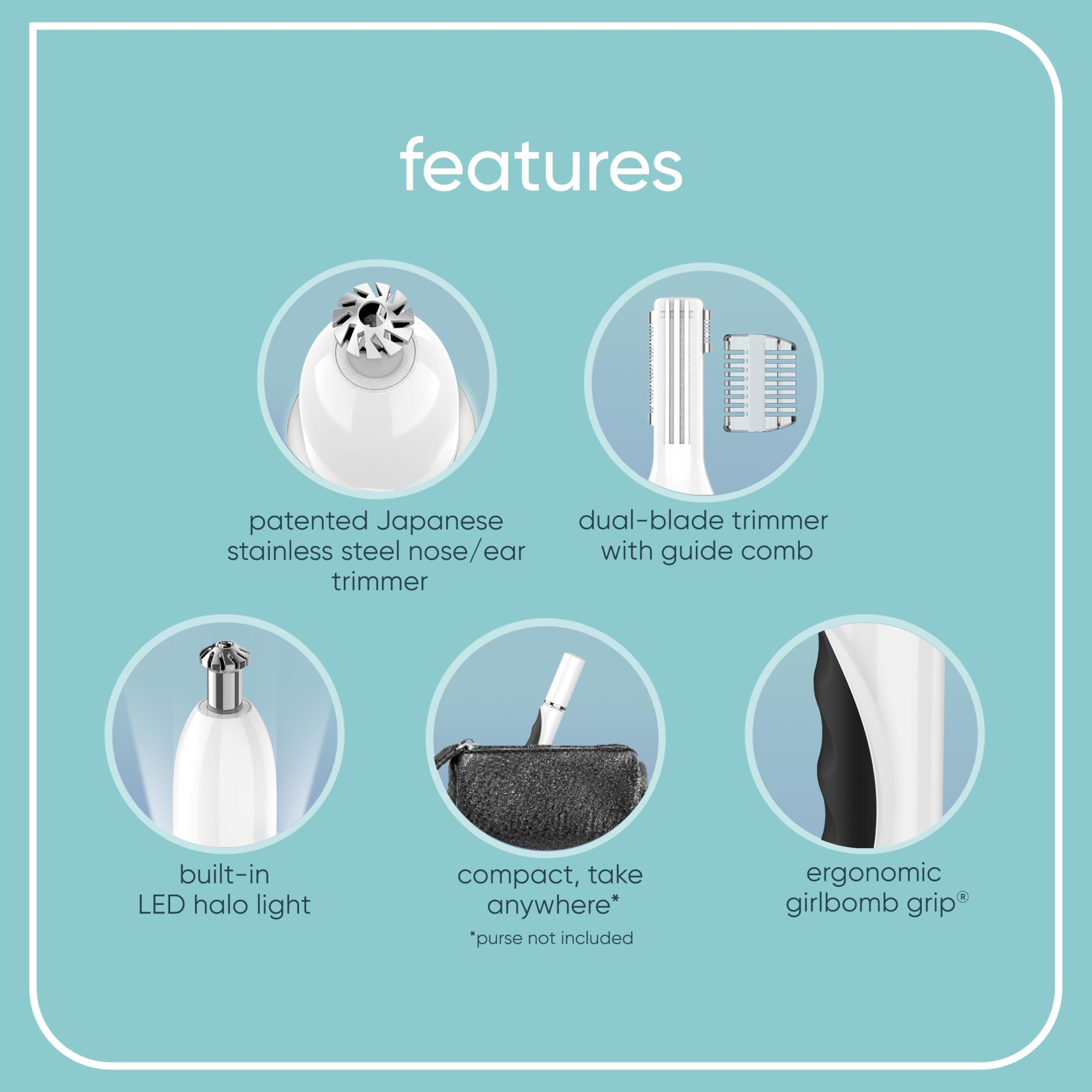 Conair GIRLBOMB face-trimmer close-up with dual blades for brow shaping.
