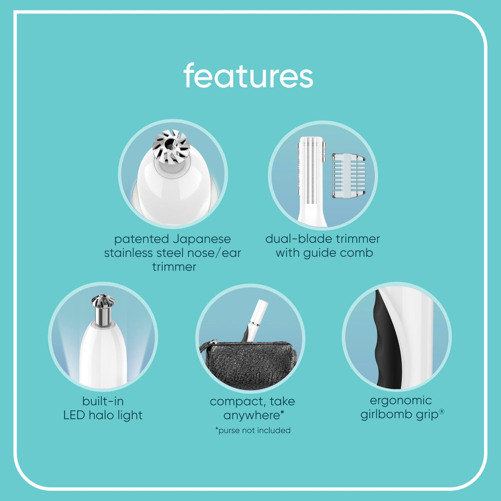 Conair GIRLBOMB face-trimmer close-up with dual blades for brow shaping.