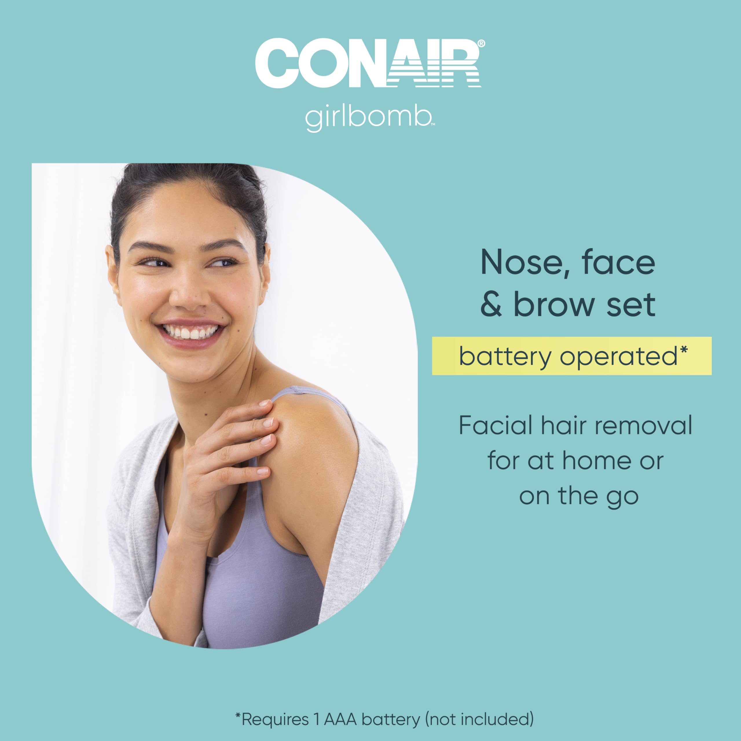 Conair GIRLBOMB guide comb on brow for precise arch definition.