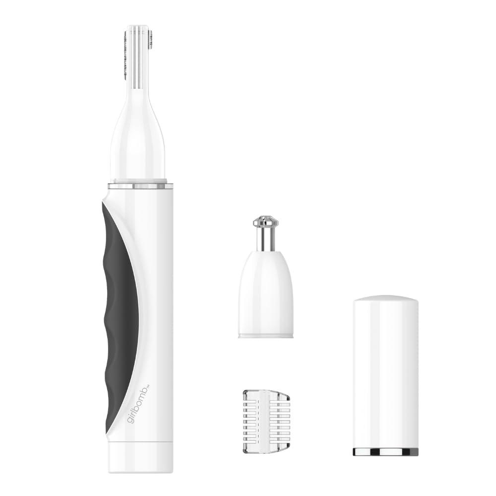 Conair GIRLBOMB nose-trimmer close-up with 360° diamond blade for safe nose hair removal.