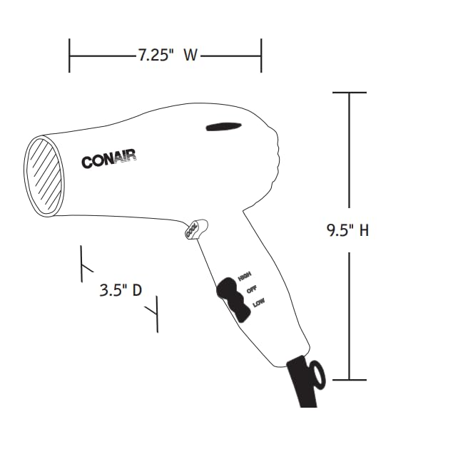 Conair hairdryer black handle close-up indicating comfortable grip for quick dries.