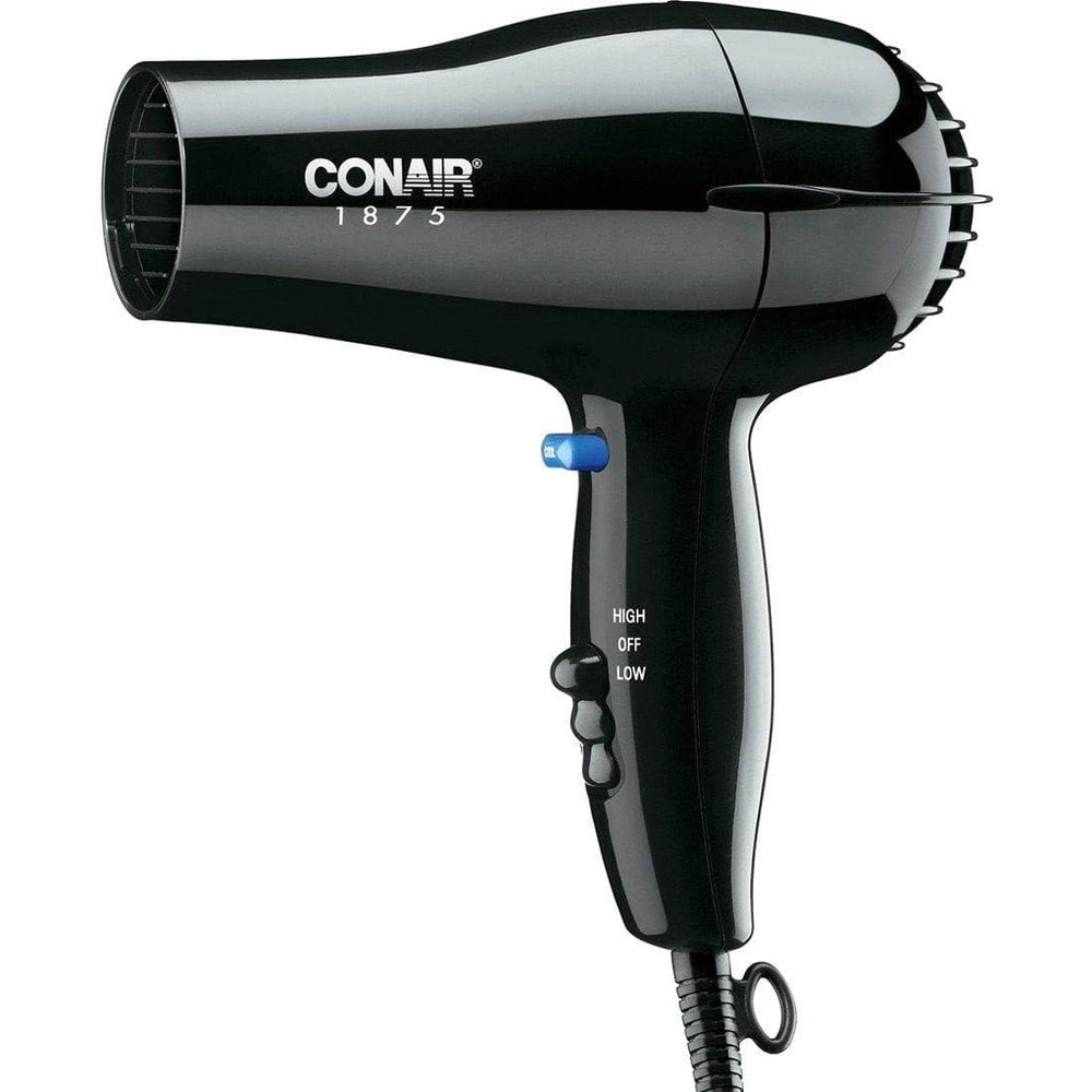 Conair hairdryer black packaging image highlighting 1875 watts power.