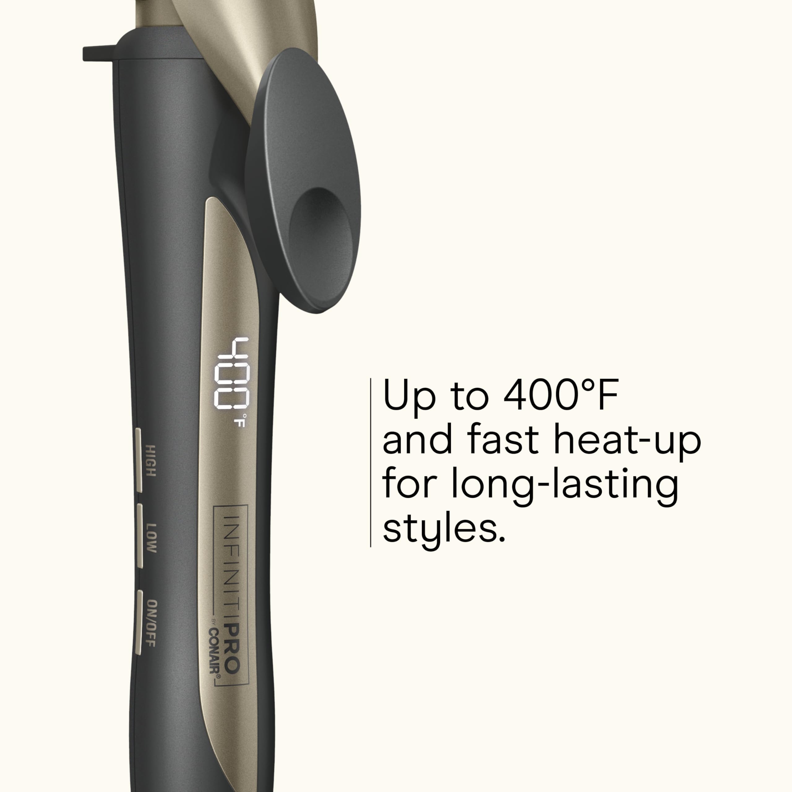 Conair Infiniti Pro clamp engages hair securely for consistent curl formation.