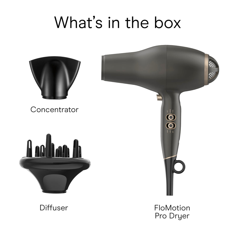 Conair INFINITI PRO FloMotion Pro hair dryer six heat speed settings enable versatile styling.