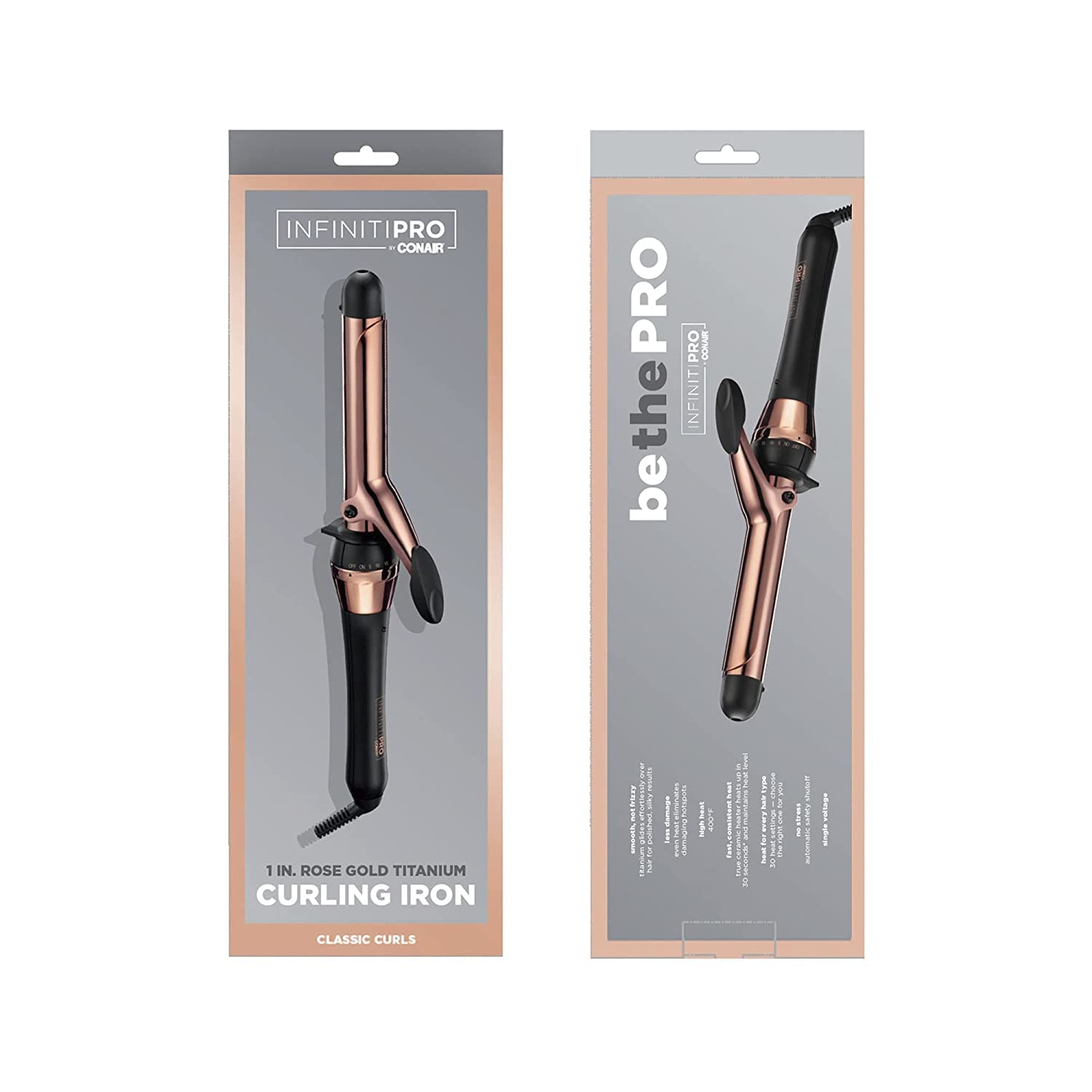 Conair INFINITIPRO 1in titanium barrel close-up emphasizes shine-enhanced results.