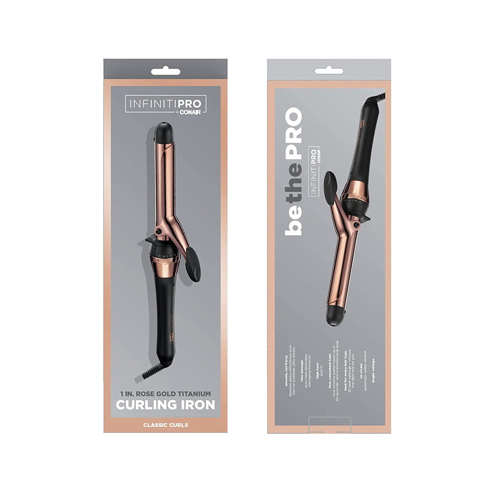 Conair INFINITIPRO 1in titanium barrel close-up emphasizes shine-enhanced results.