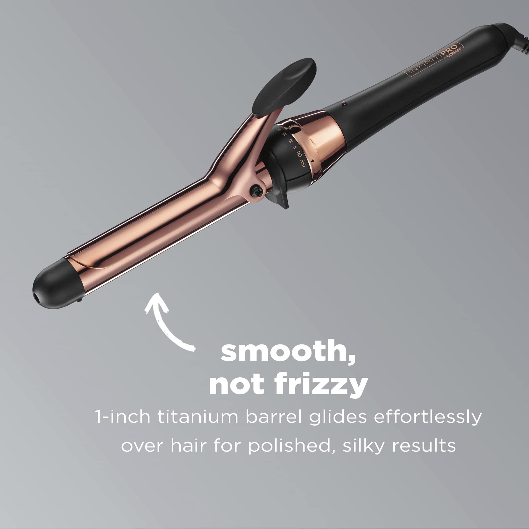 Conair INFINITIPRO rose gold curling iron handle view for easy, comfortable styling.