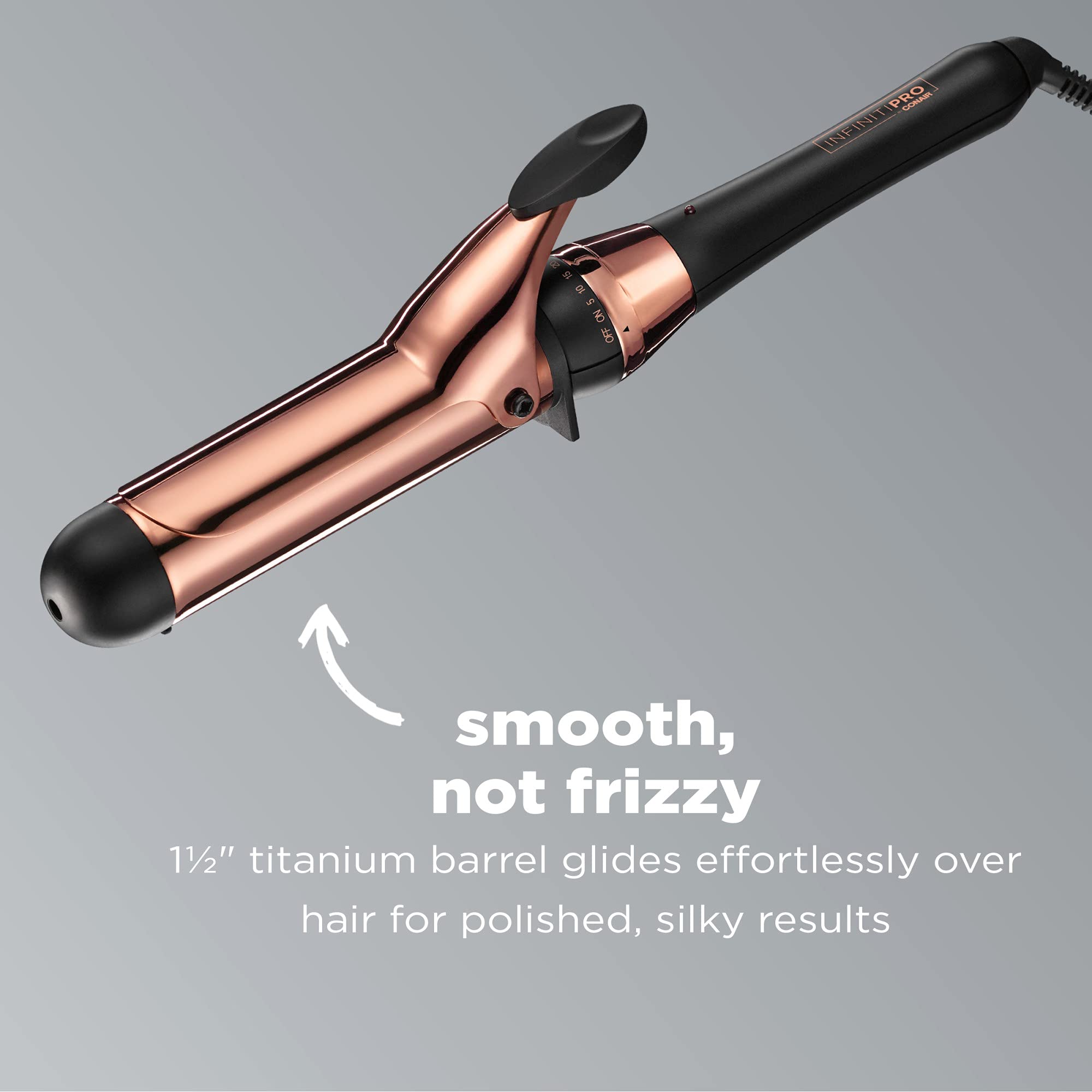 Conair INFINITIPRO Rose Gold Titanium 1.5-inch barrel detail highlighting even heat for less damage.