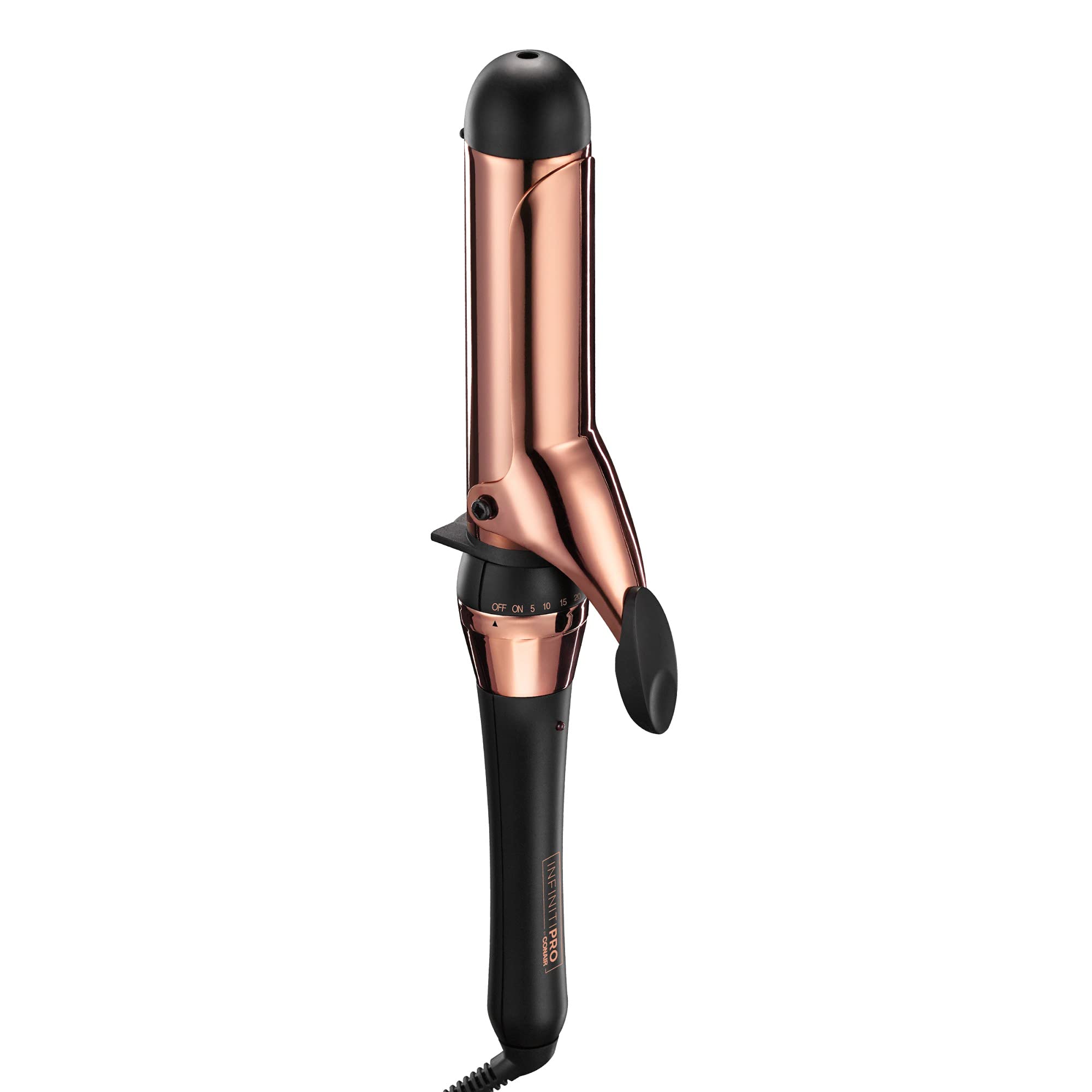 Conair INFINITIPRO Rose Gold Titanium 1.5-inch curling iron close-up for smooth waves.