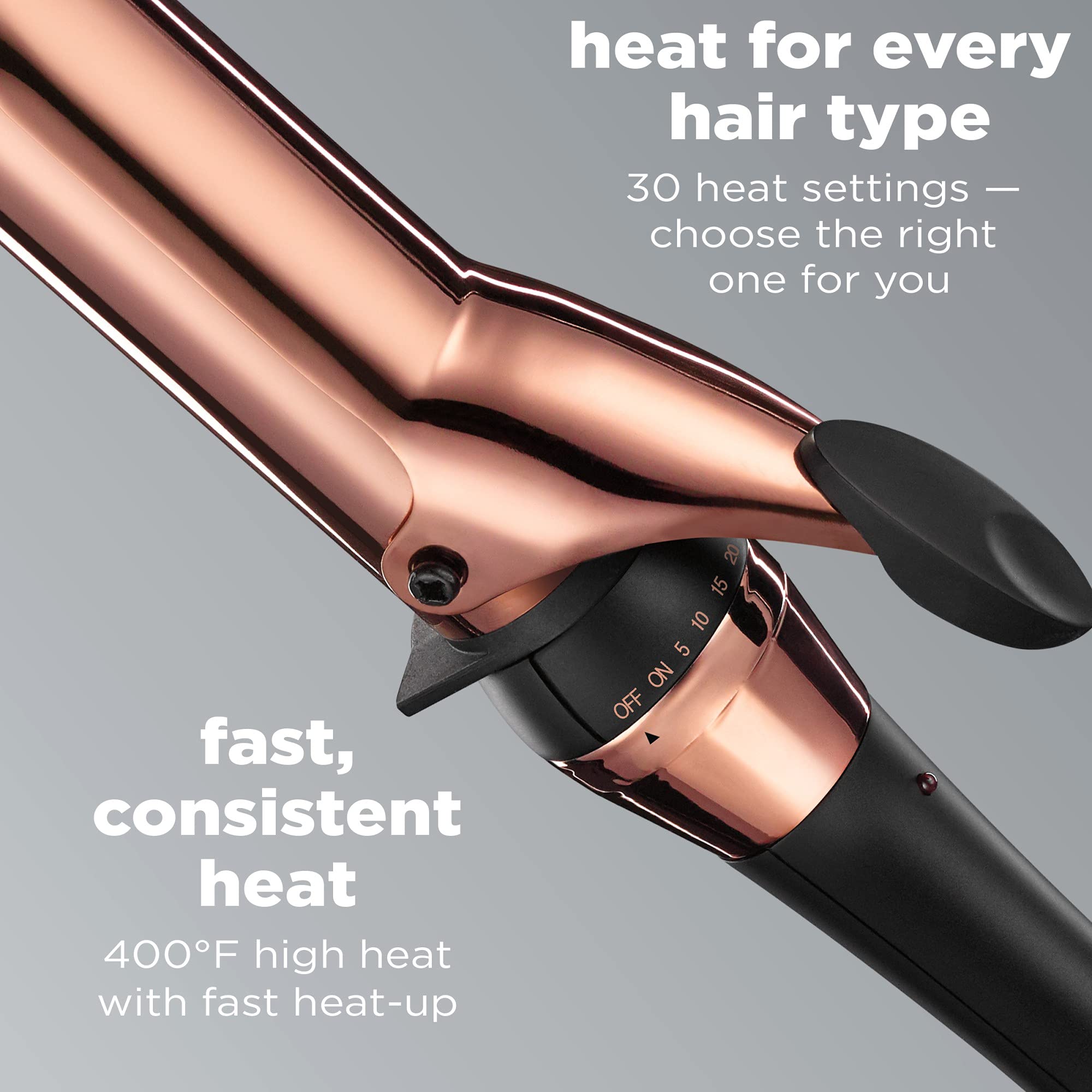 Conair INFINITIPRO Rose Gold Titanium 1.5-inch heat settings display showing versatile styling options.