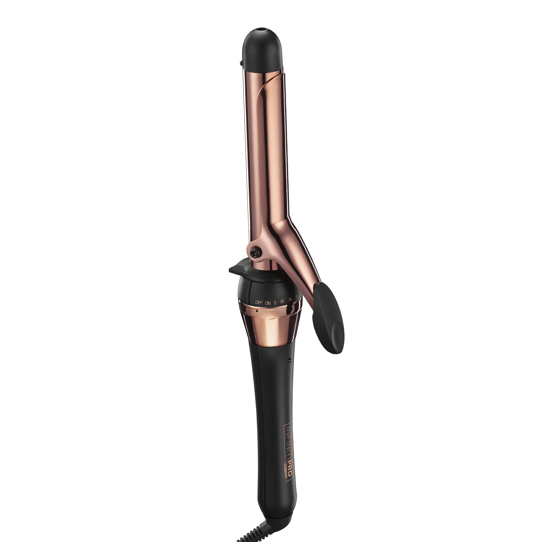 Conair INFINITIPRO rose gold titanium 1in barrel close-up showing heat technology and frizz control.