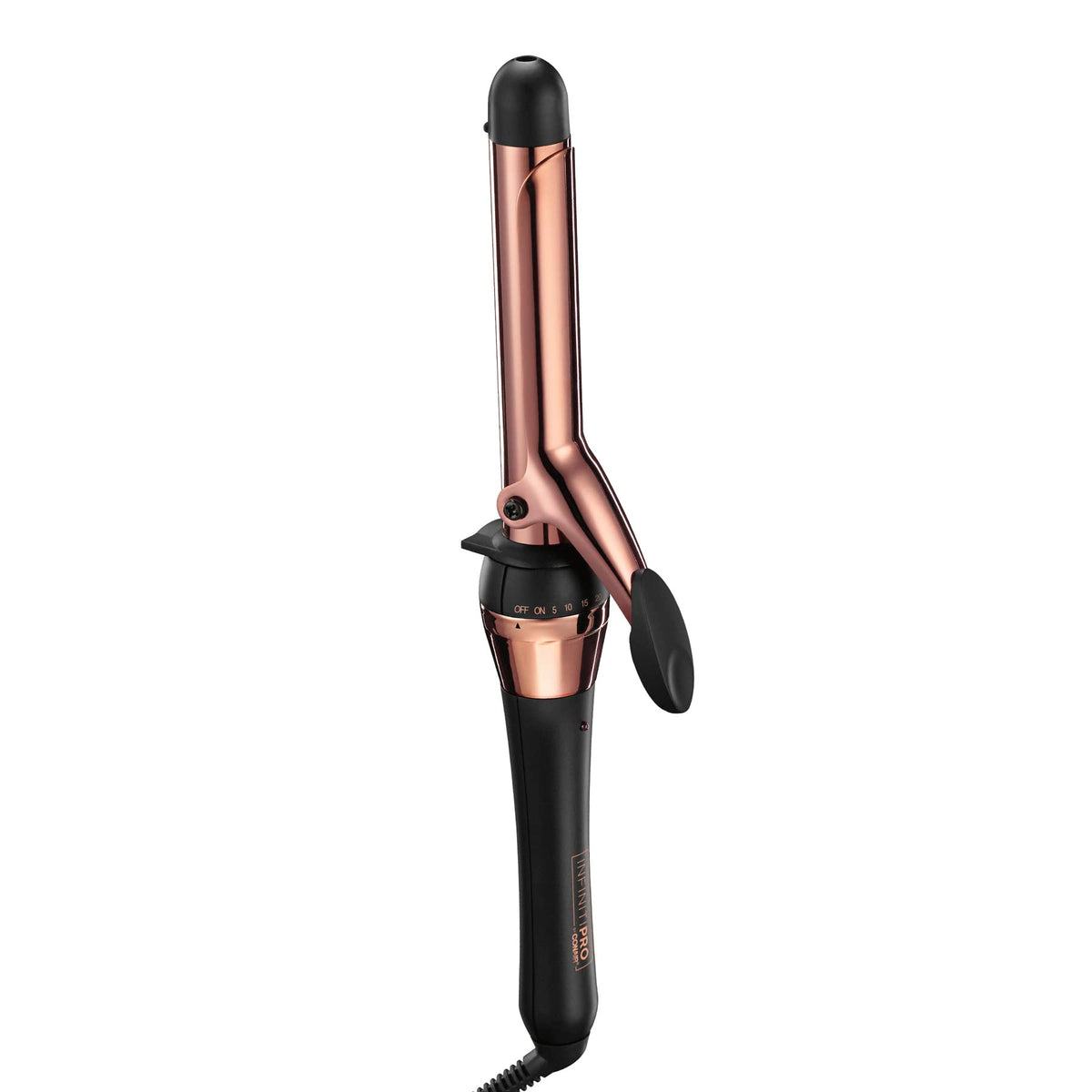 Conair INFINITIPRO rose gold titanium 1in barrel close-up showing heat technology and frizz control.