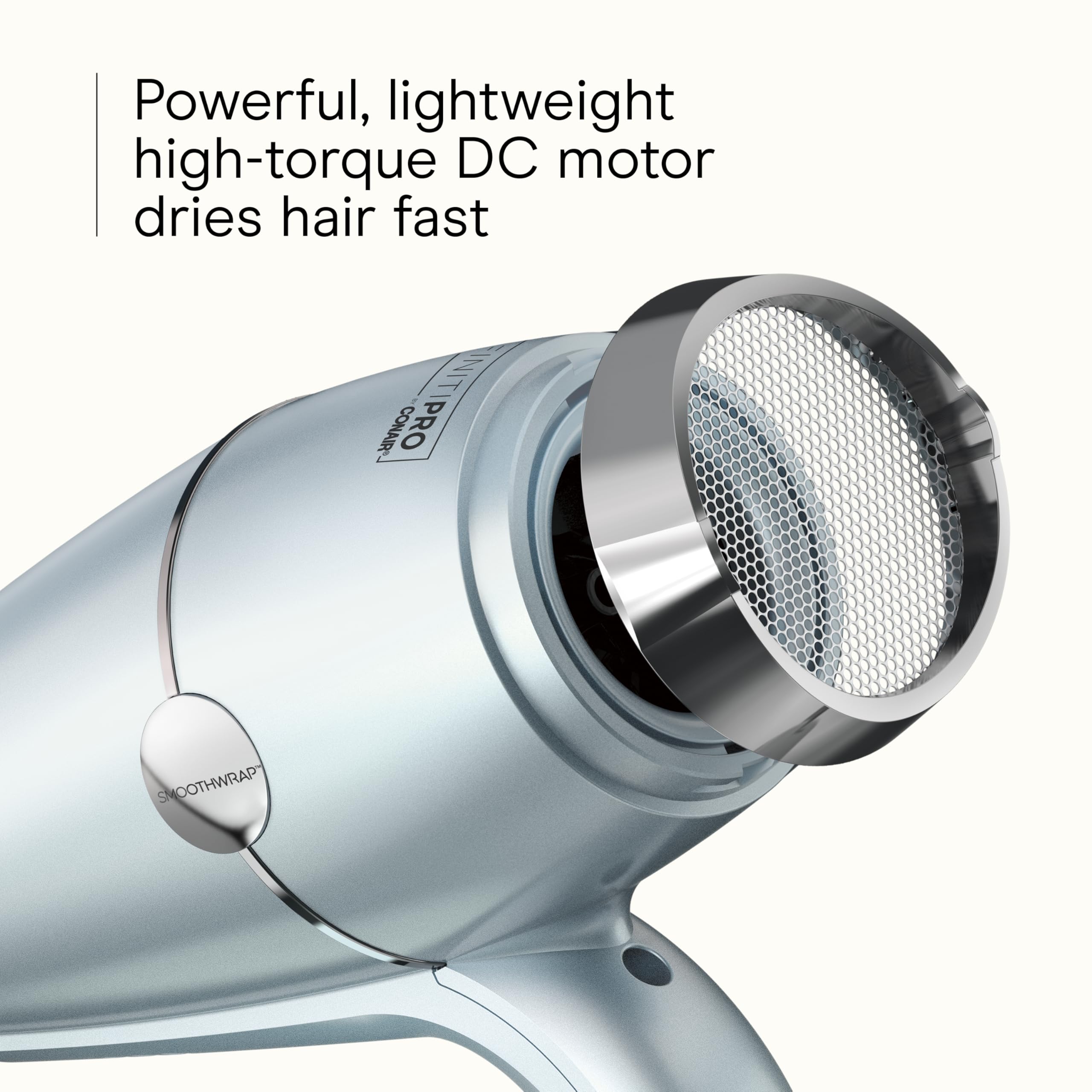 Conair InfinitiPRO SmoothWrap mint plasma technology closeup demonstrates ion balance for shine and moisture.