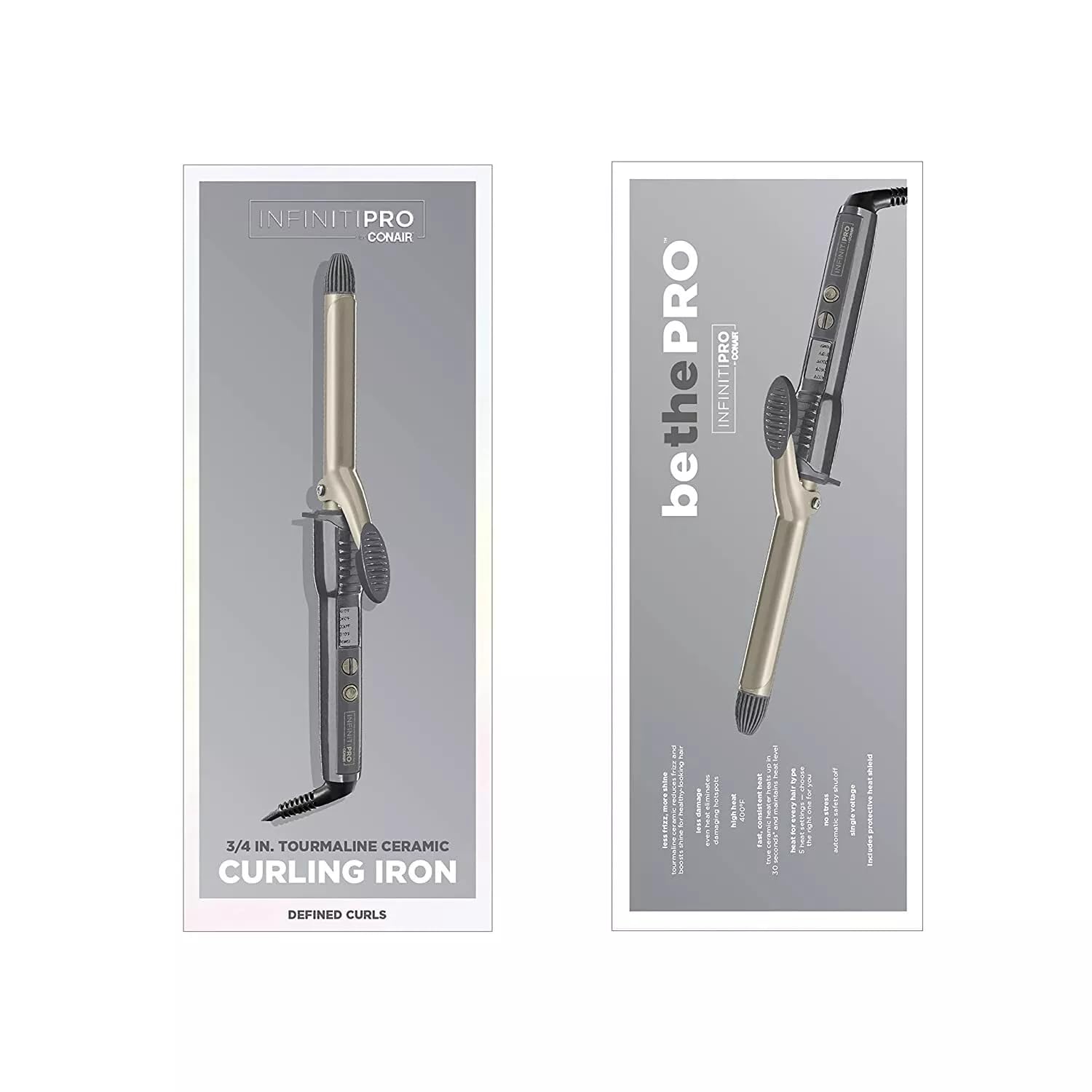 Conair INFINITIPRO Tourmaline curling iron packaging highlights safety features and heat shield.