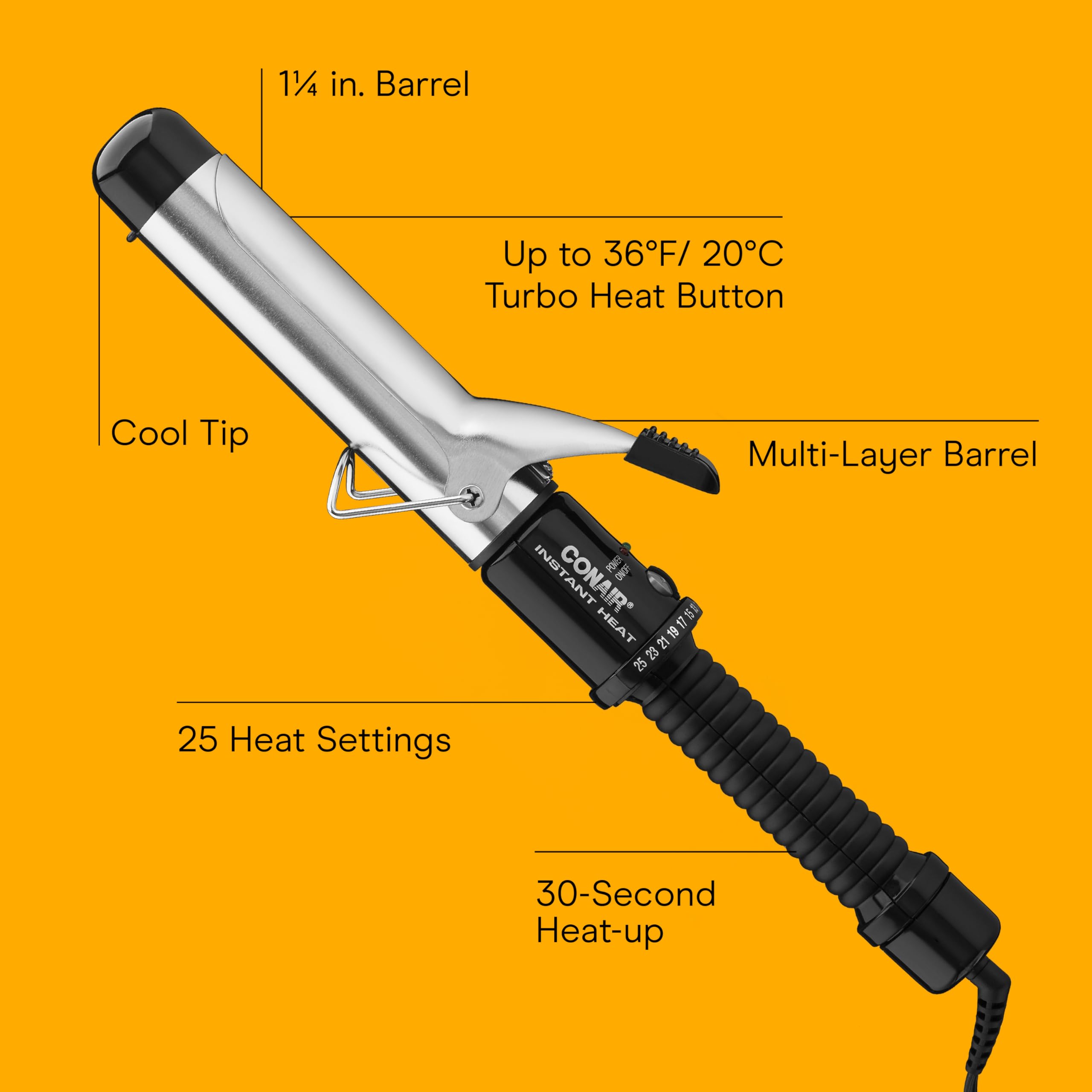 Conair Instant Heat curling iron heat settings display enables customizable styling options.