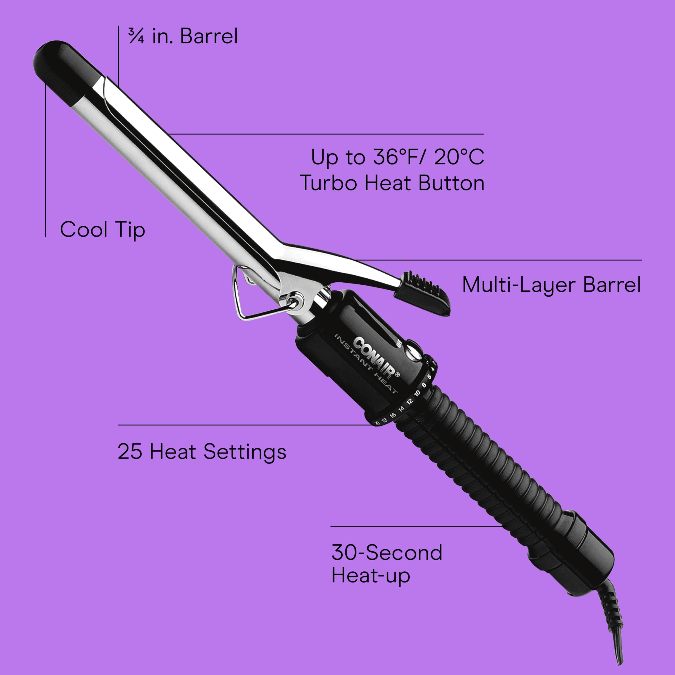 Conair Instant Heat curling iron heat settings display for precise control.