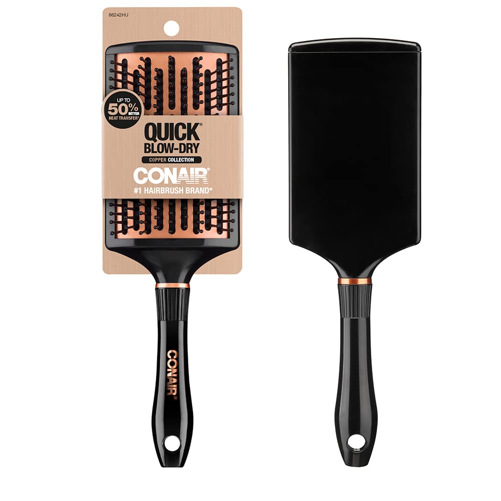 Conair Quick Blow Dry Copper Collection paddle brush, wide curved surface for fast drying and smooth blowouts.
