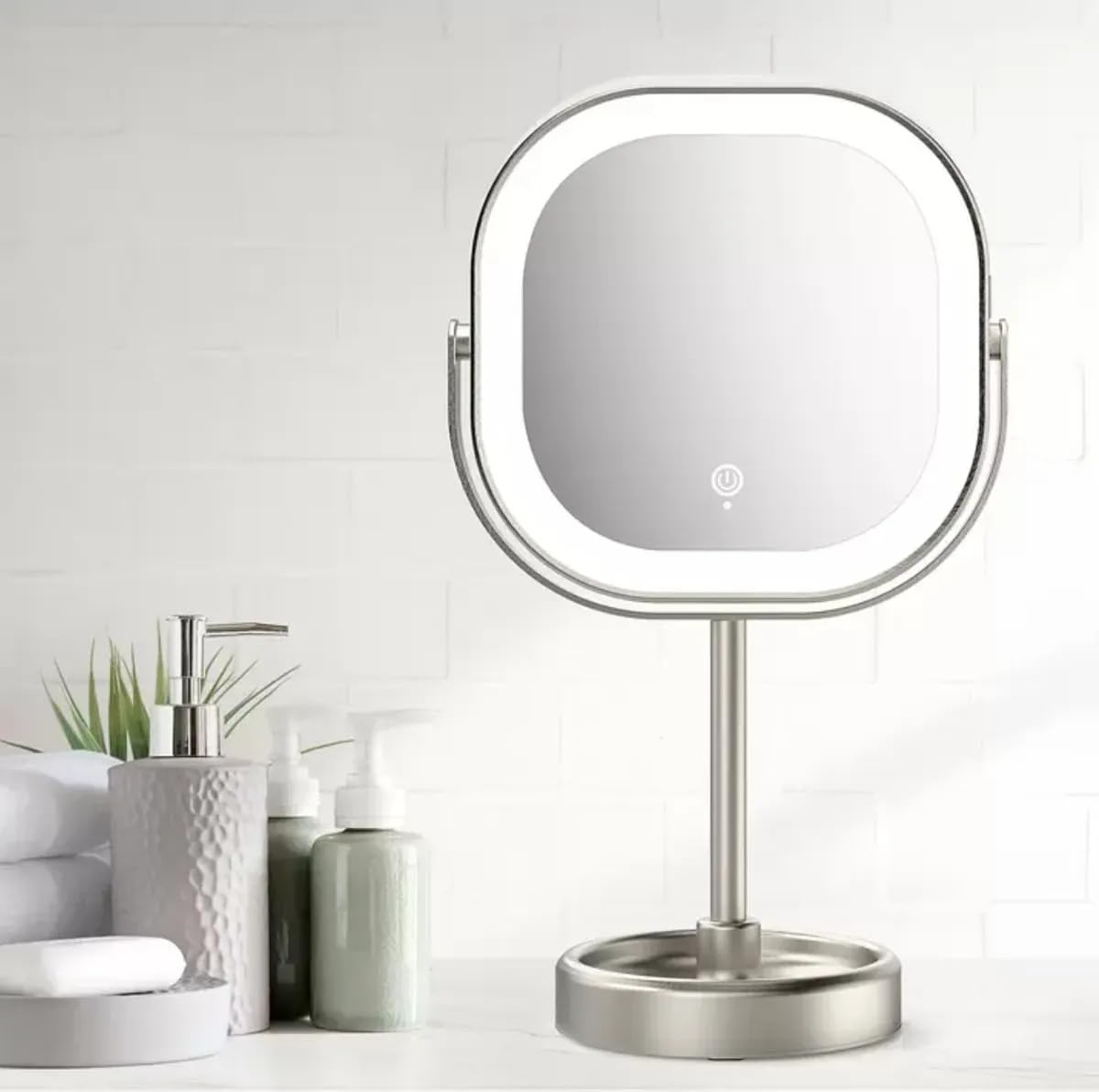 Conair rotating LED mirror offers 360-degree rotation for flexible viewing during routines.