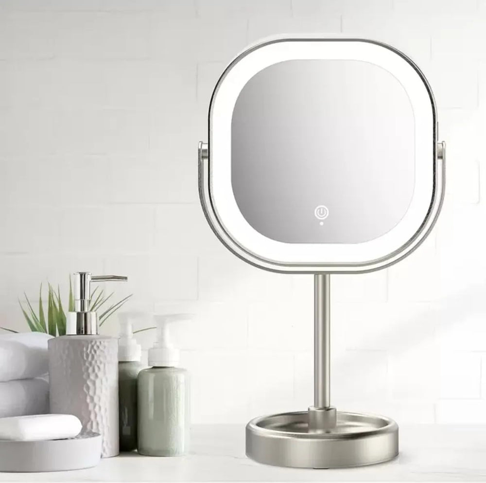 Conair rotating LED mirror offers 360-degree rotation for flexible viewing during routines.
