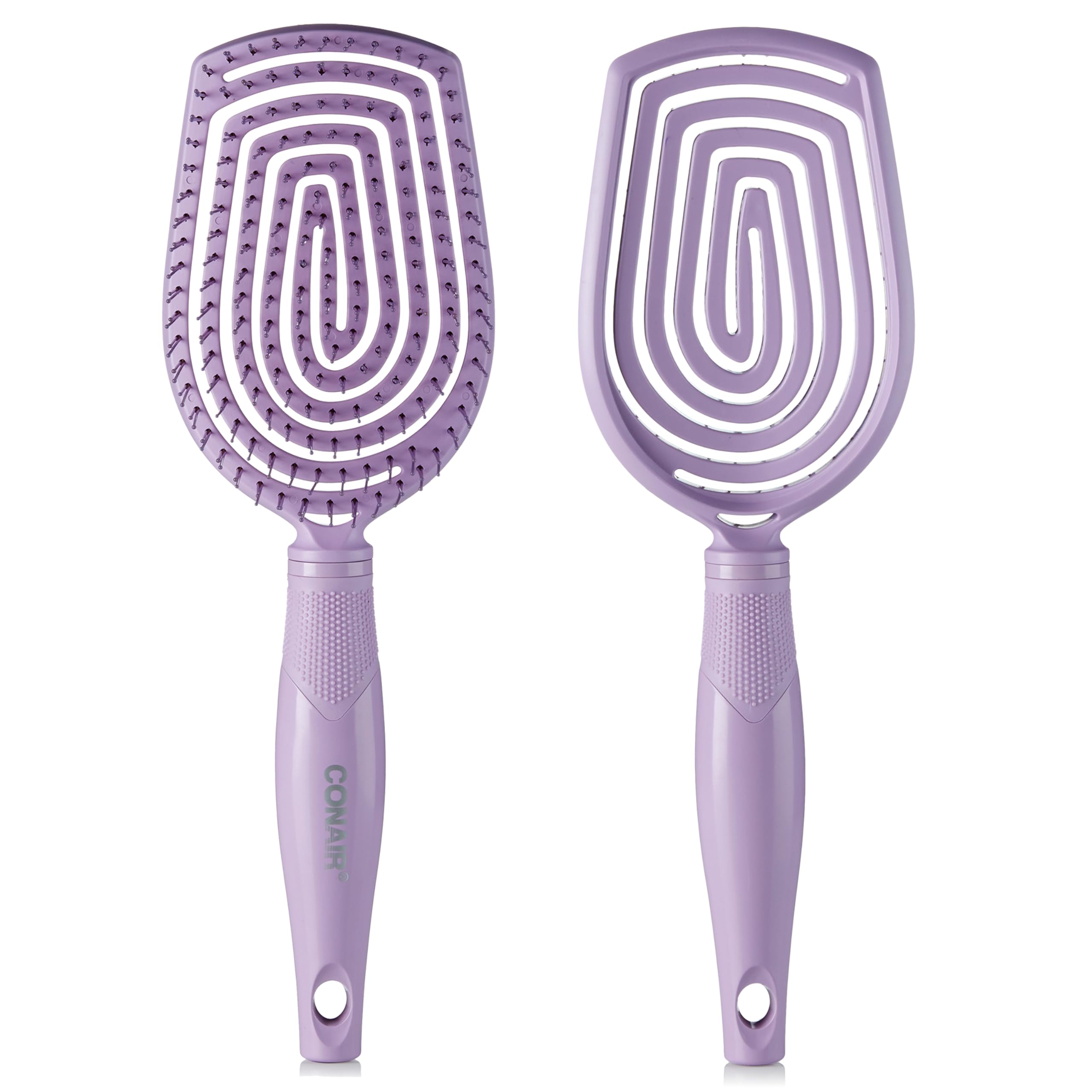 Conair Scalp Care Detangling Hairbrush paddle close-up showing detangling ease for all hair types.