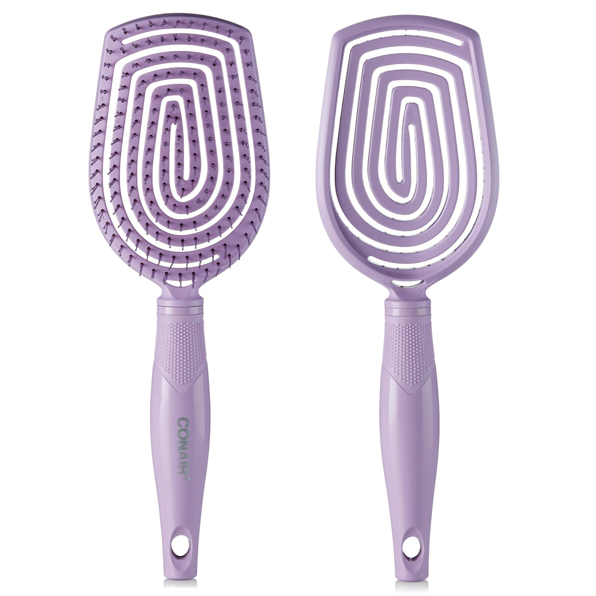 Conair Scalp Care Detangling Hairbrush paddle close-up showing detangling ease for all hair types.