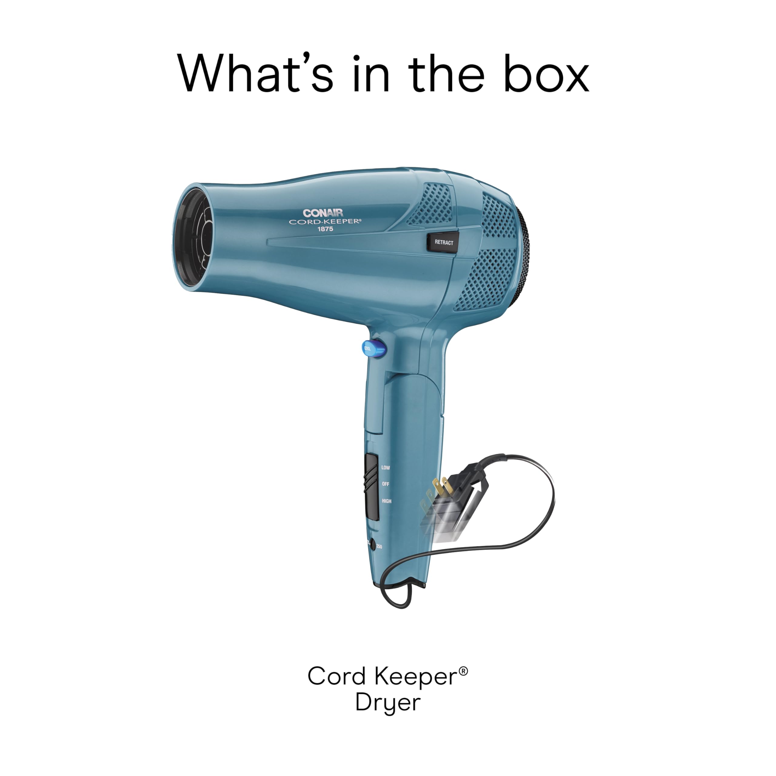Teal Conair hair dryer fits in travel case.