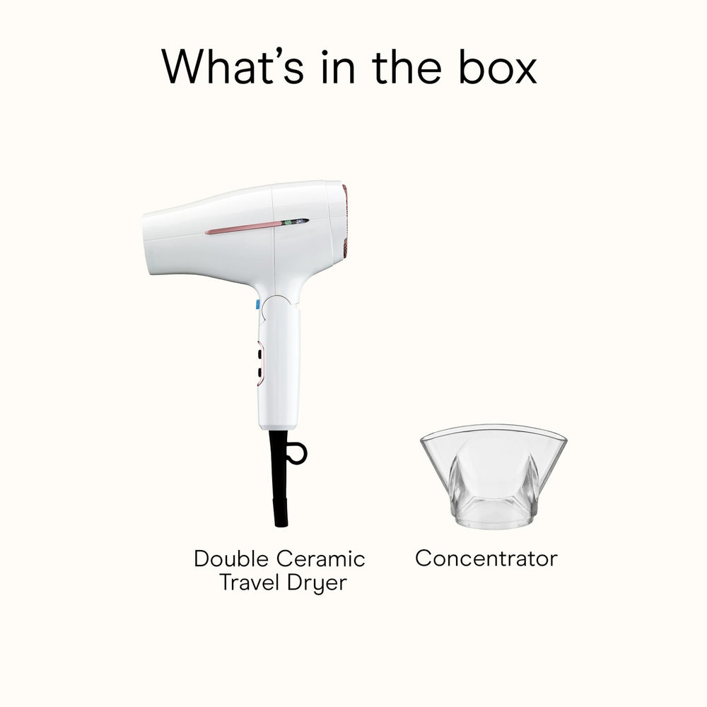 Conair Travel Dryer showing 3 heat and 2 speed settings for versatility.