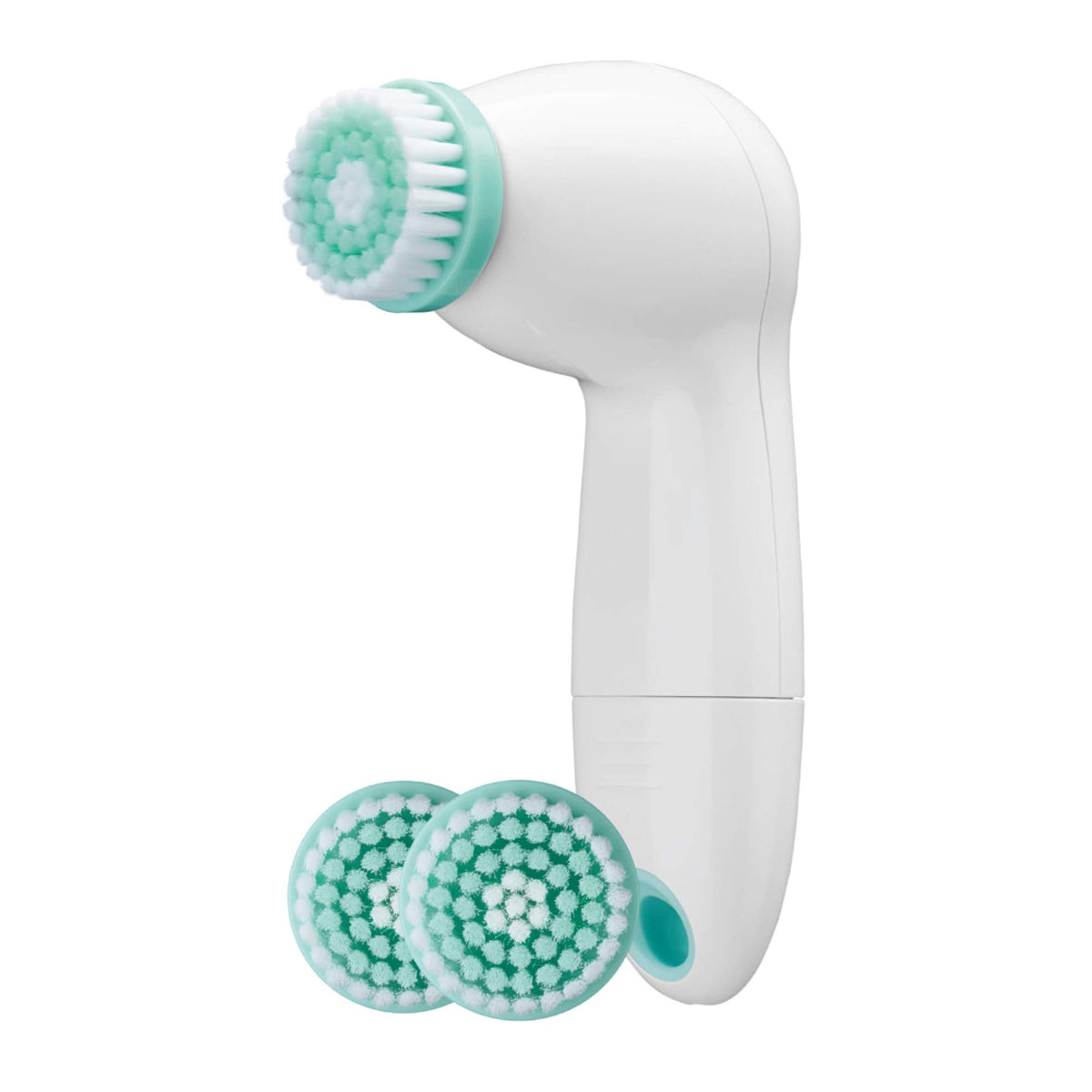 Conair True Glow battery-operated facial cleansing brush with rotating brush head for deep cleansing.