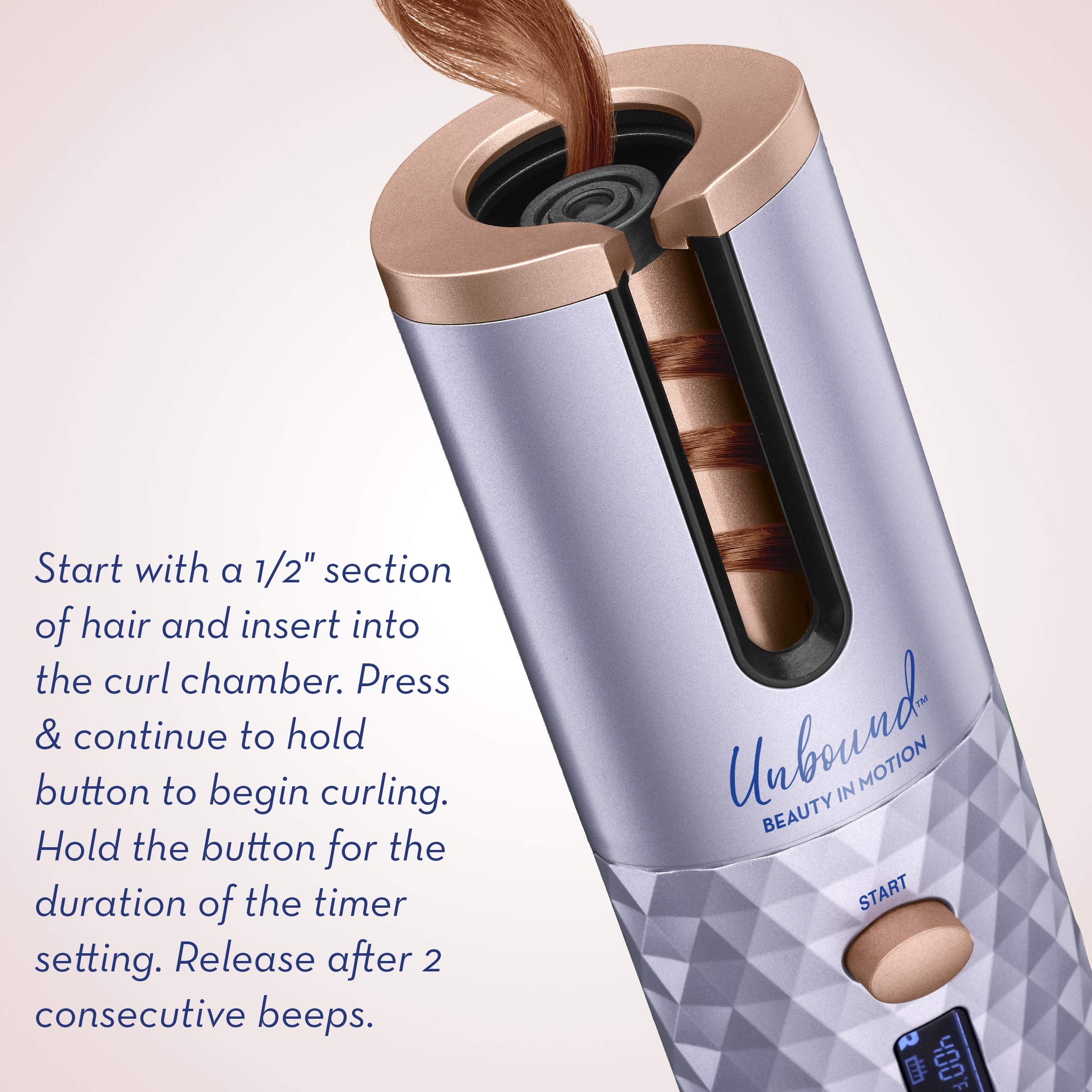 Conair Unbound cordless auto curler LCD display shows heat and timer for precise styling