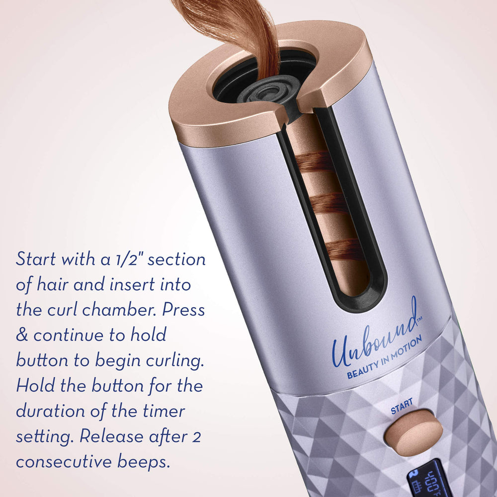 Conair Unbound cordless auto curler LCD display shows heat and timer for precise styling