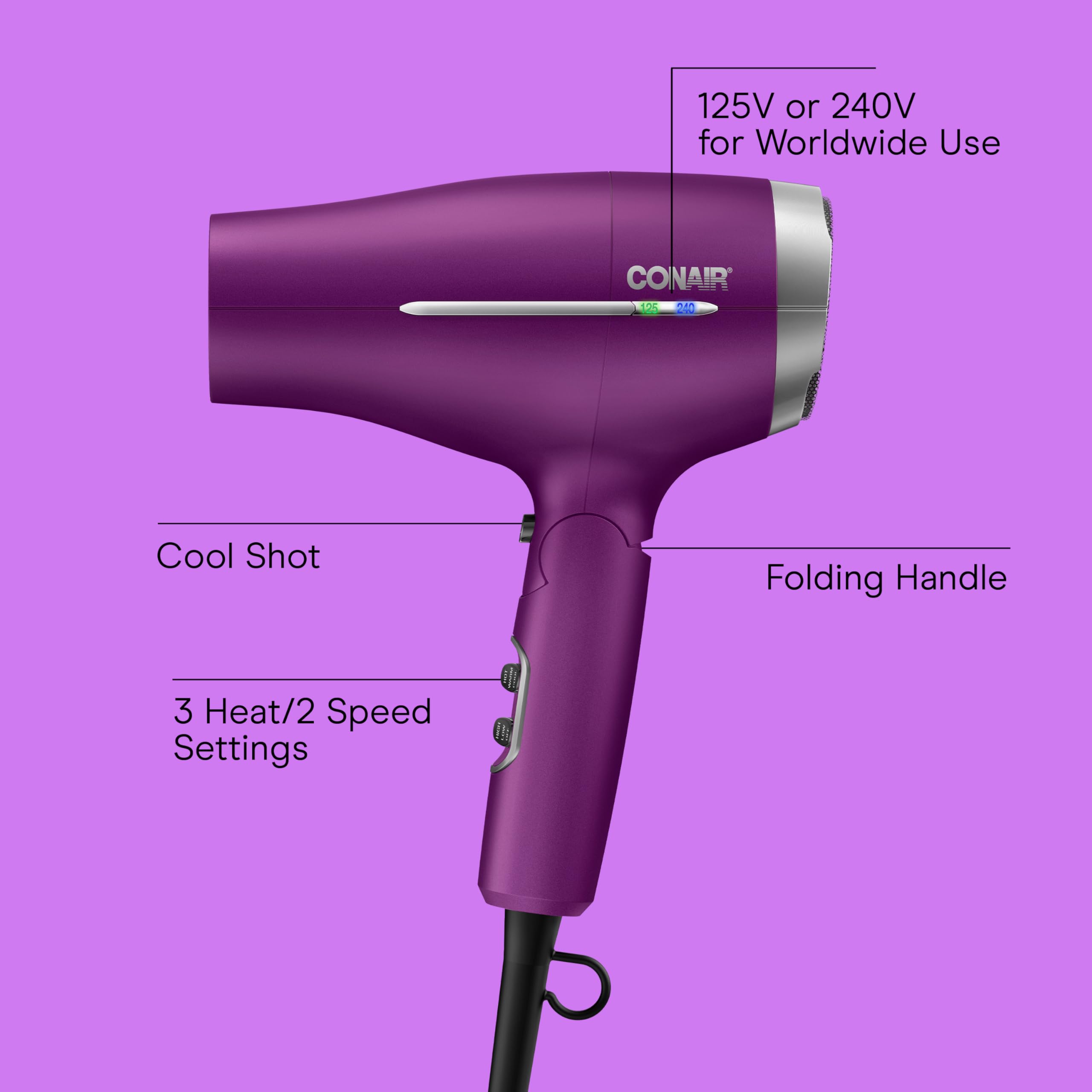 Conair travel dryer demonstrates smart voltage technology for worldwide use.