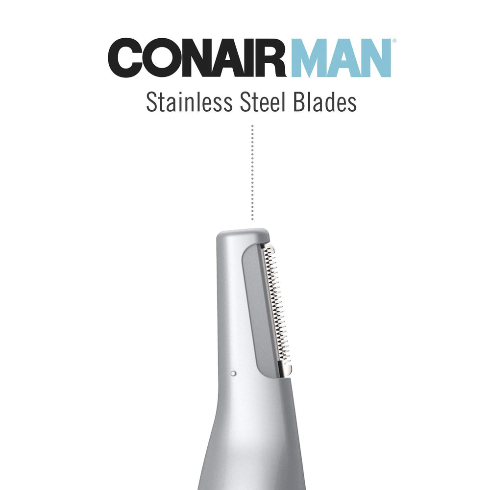 ConairMAN nose and ear detail close-up: comfortable trimming with stainless steel blades.