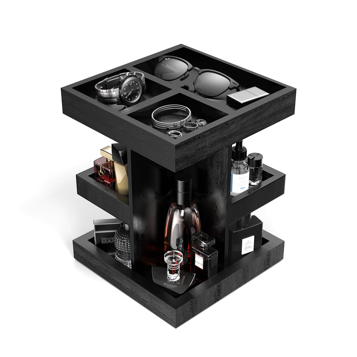 Coneqwliy wooden Cologne Organizer with 3-tier rotating stand for easy fragrance access