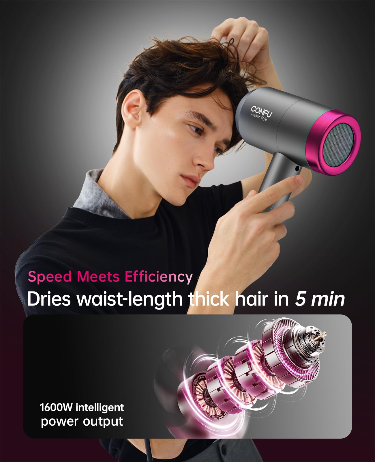 CONFU blow dryer with three heat settings enables tailored styling