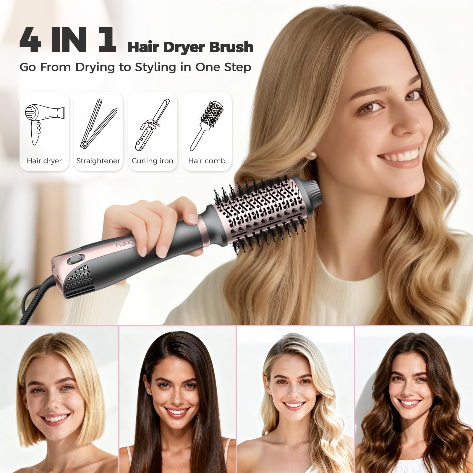 CONFU Blow Dryer Brush 360 swivel cord enhances maneuverability during styling.