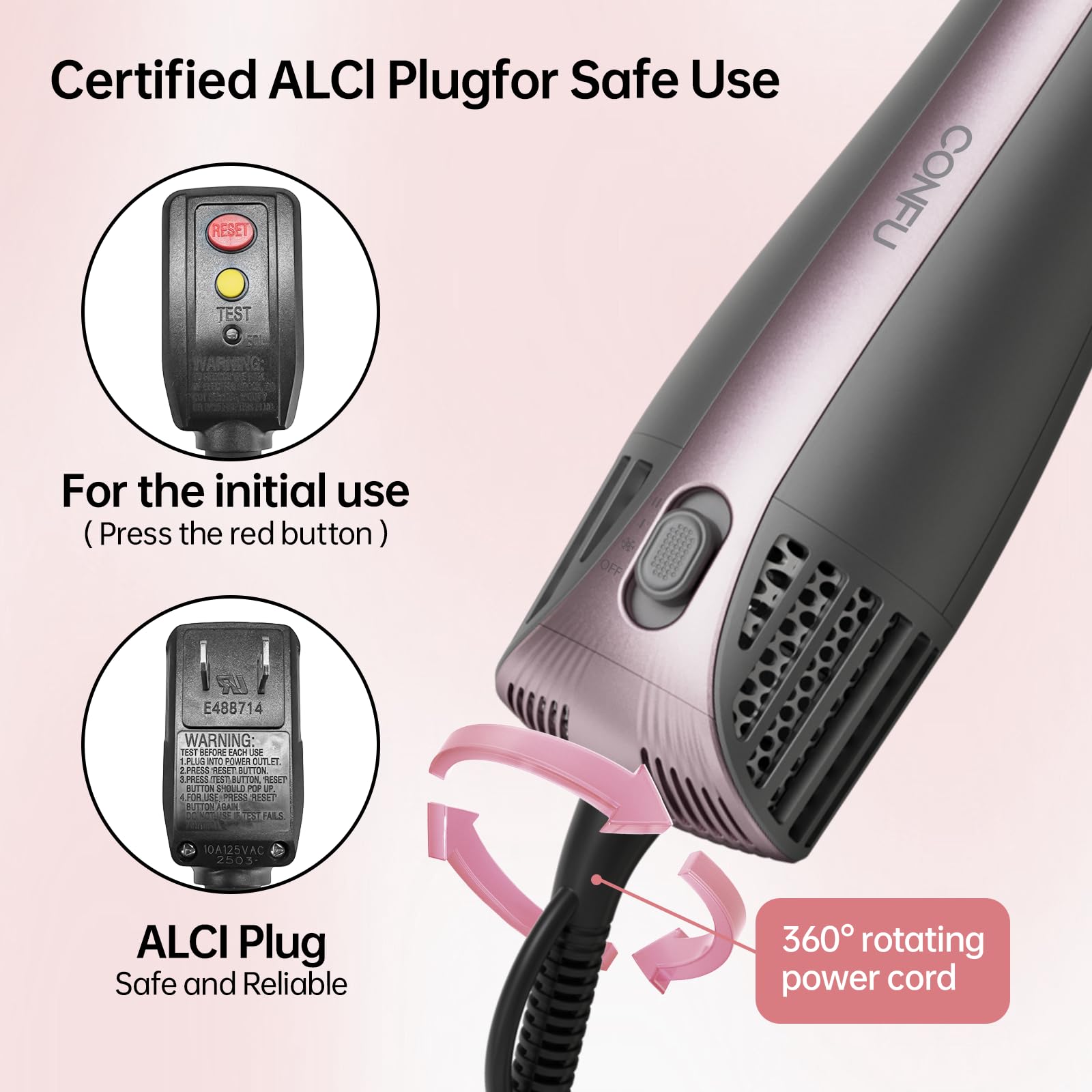 CONFU Blow Dryer Brush ALCI safety plug ensures safe use on 120V.