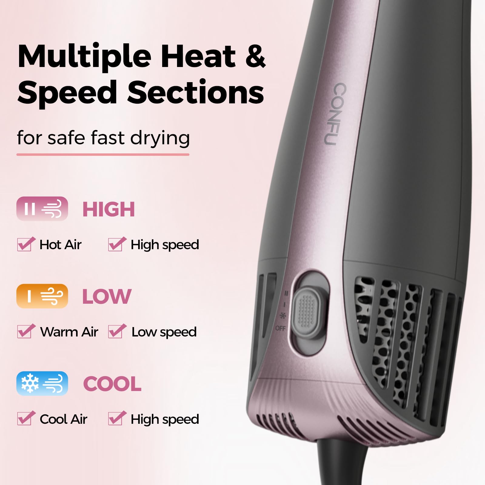 CONFU Blow Dryer Brush ionic technology reduces frizz for shiny hair.