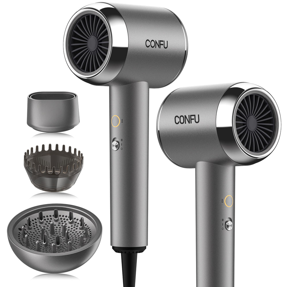 CONFU diffuser hair dryer plasma-ionic-technology helps tame frizz for smooth, shiny results.