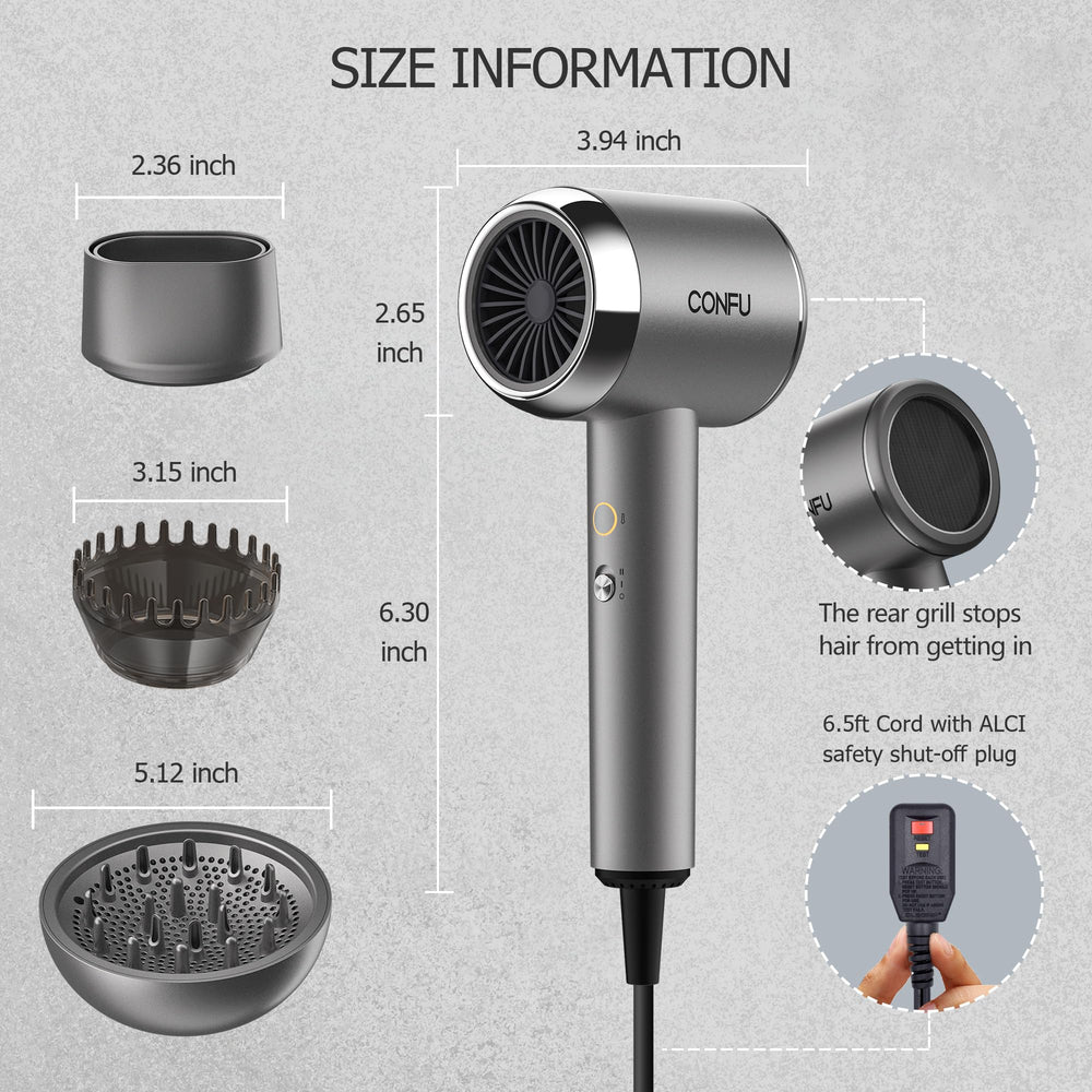 CONFU diffuser hair dryer safety-alci-6ft-cord offers safe use with extended reach.