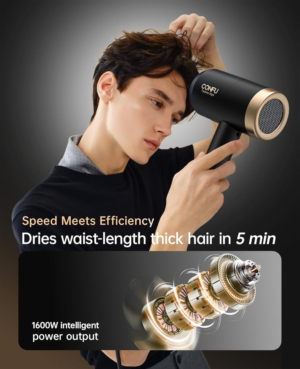 CONFU hair dryer showing 3-heat settings for customized styling
