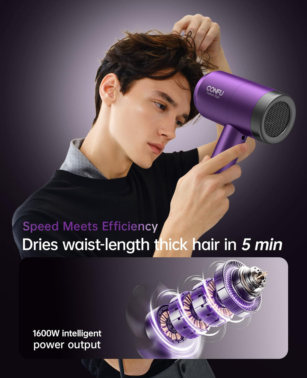 CONFU hair dryer with concentrator nozzle enables precise salon-grade styling.
