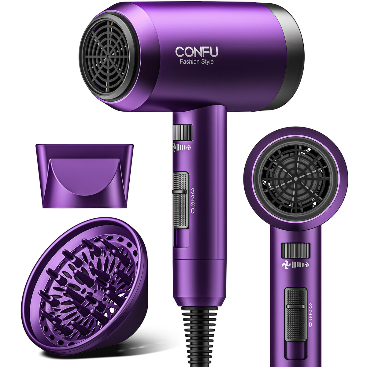 CONFU hair dryer with diffuser attachment enhances natural curls and texture.