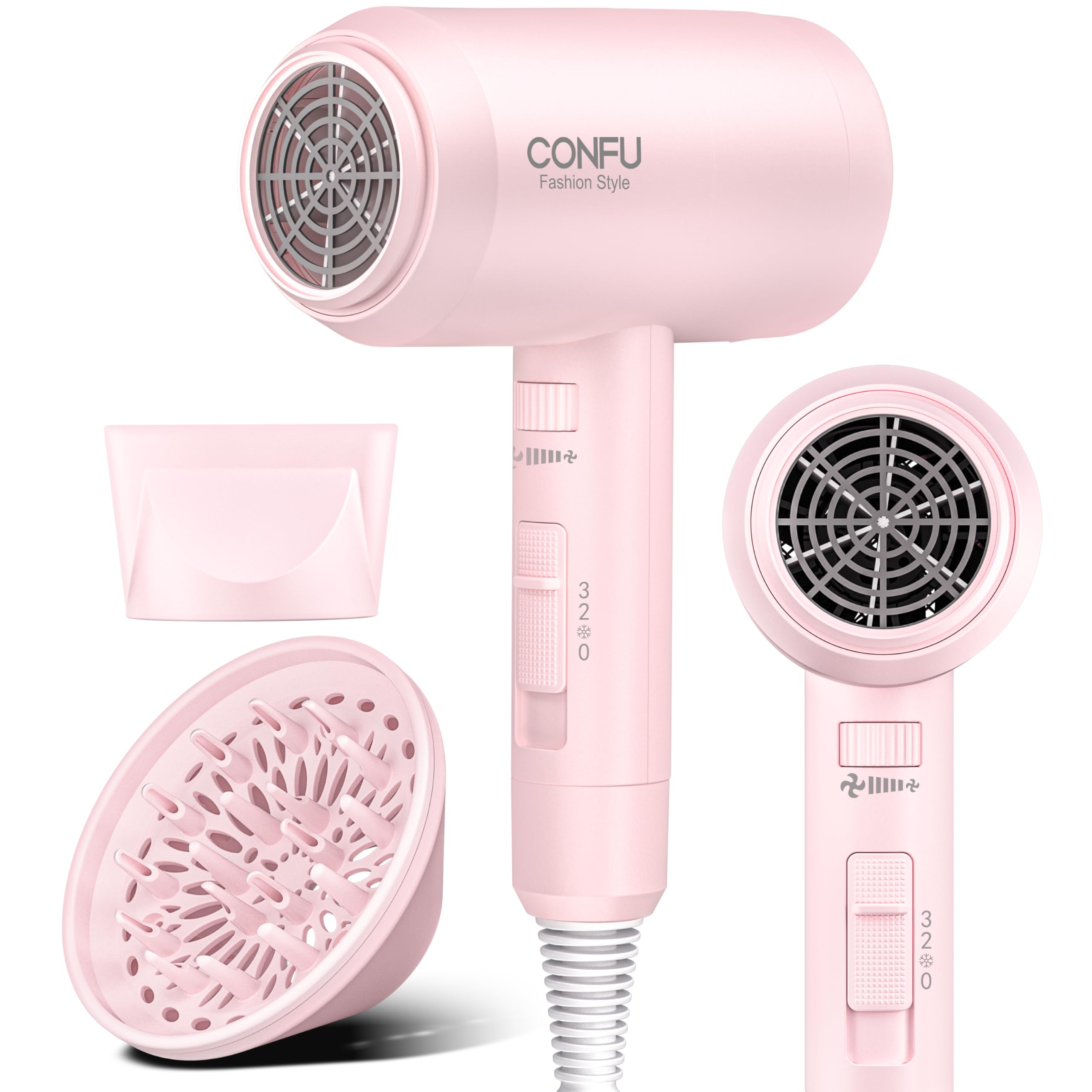 CONFU hair dryer front view showing portable design for quick styling at home
